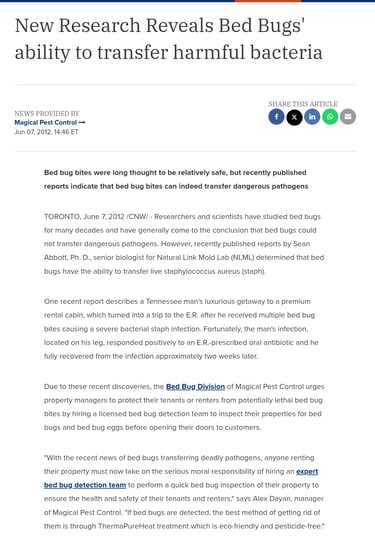 Article about a research that concluded that bedbugs have the ability to transmit harmfull bacterias