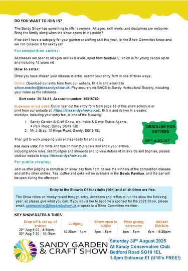Sandy Garden and Craft Show 2025 how to join in - details
