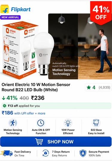 Orient Electric 10W Motion Sensor LED Bulb with B22 base for automatic smart lighting.