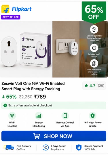 Zeswin Volt One 16A Wi-Fi smart plug with energy tracking and mobile app remote control.