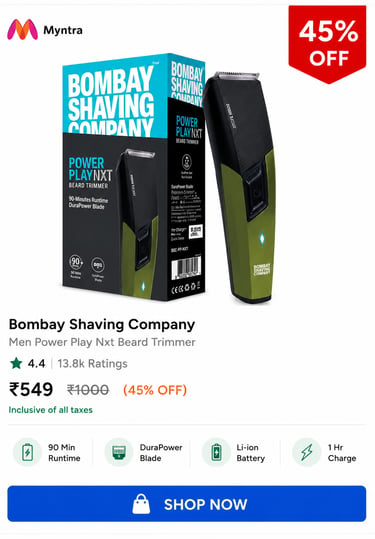 Bombay Shaving Company Men Power Play Nxt Beard Trimmer with 90-minute runtime and DuraPower blade.