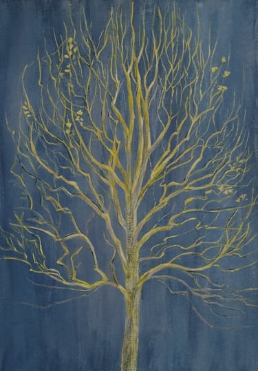 A watercolor featuring a blue-green background and a gold-green toned tree 