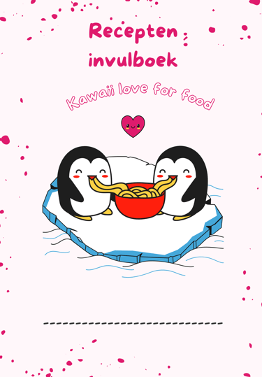 voorkant van recepten invulboek kawaii love for food met schattige pinguïns die pasta eten