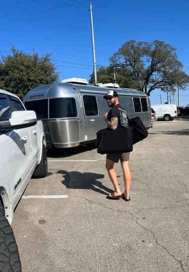 Airstream travel trailer. Getting our new luggage to start our international travel. 