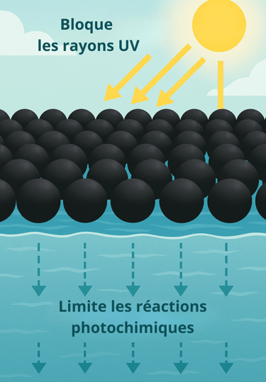 Illustration montrant des shade balls noires couvrant un bassin d’eau. 
