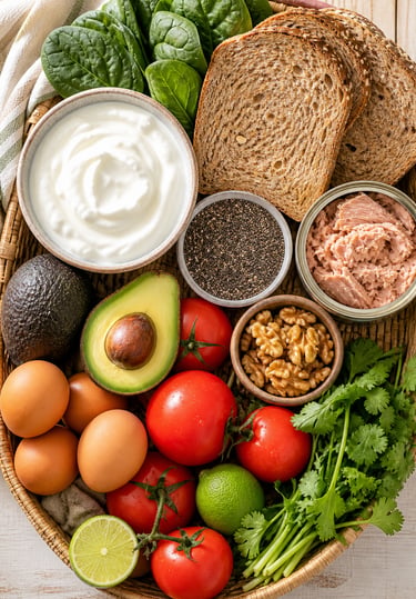Cesta con alimentos saludables bajos en carbohidratos: aguacate, huevos, yogur, atún, semillas y ver