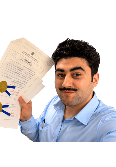 Man holding an official Massachusetts Apostille document with gold seal and blue ribbon for internat