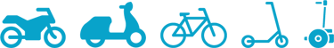 a group of bicycles and scooters with a blue background