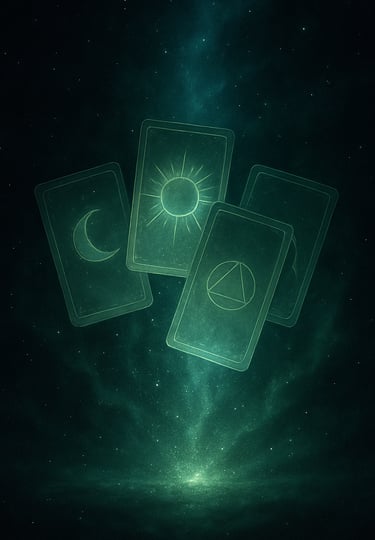 a group of four tarot cards with a green background