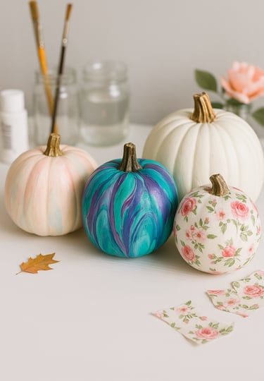 Three decorated pumpkins on a white craft table: one with pastel watercolor drips, one with teal 
