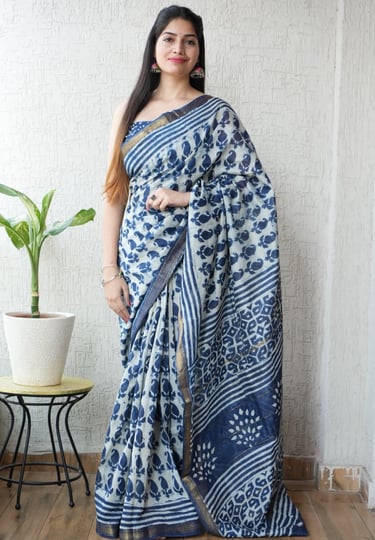 Natural indigo dyed Maheshwari silk saree with hand block print