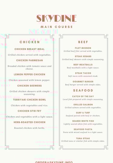 Entrees for private jet catering