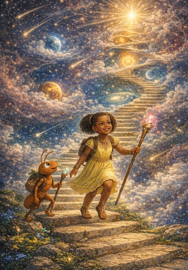 Shaman and Daisy journey over the steps up and down from heaven, guiding their lamp for their tribe.