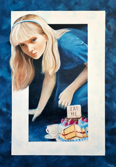 a painting of alice in wonderland with a cake an a sign on it reading "eat me"