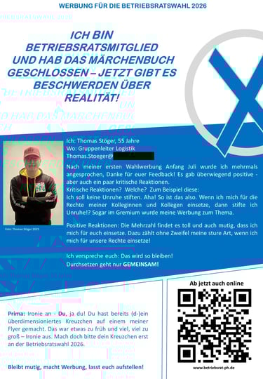 Es ist ein Flyer von Thomas Stöger zu sehen. Darauf wirbt er für die Betriebsratswahlen 2026