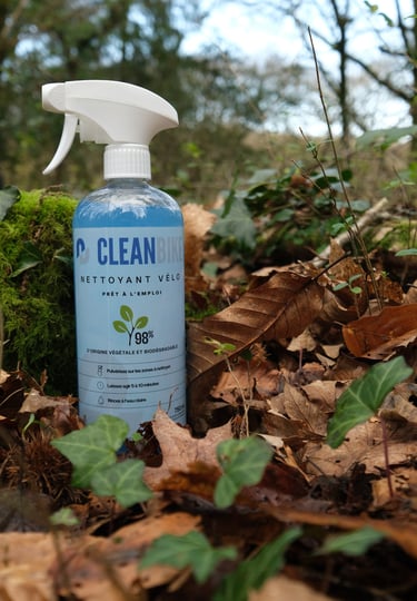 Nettoyant vélo CLEANBIKE écologique sur souche avec mousse naturelle en forêt