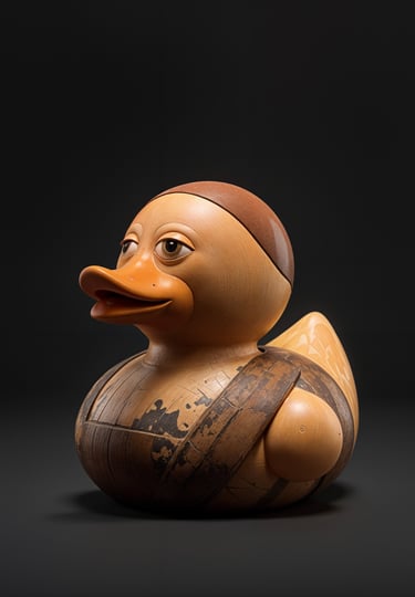 a wooden duck in a wooden ducky