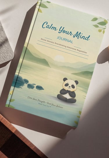 Calm Your Mind Journal for stress and anxiety featuring a cute panda meditating by a peaceful lake.
