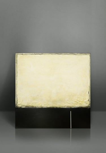 Minimalist abstract painting with a textured cream square above a black band on a grey background.