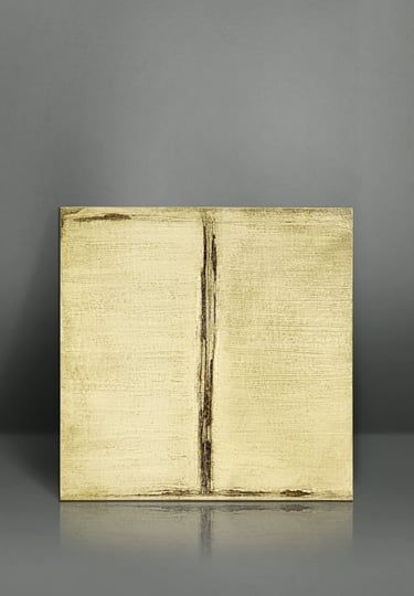 Textured gold abstract canvas art with a vertical black brushstroke on a grey background.