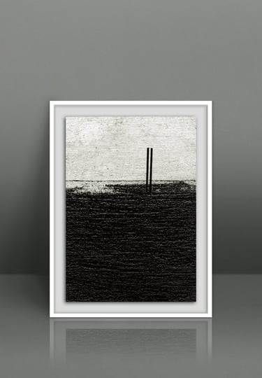 Minimalist black and white abstract wall art print in a white frame on a grey background.