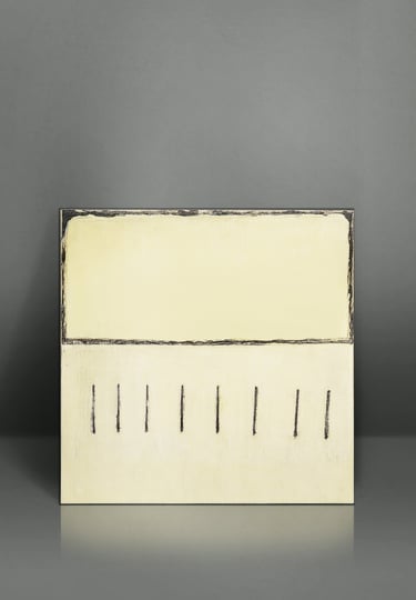 Minimalist abstract canvas art featuring cream panels with black vertical lines on a grey background.