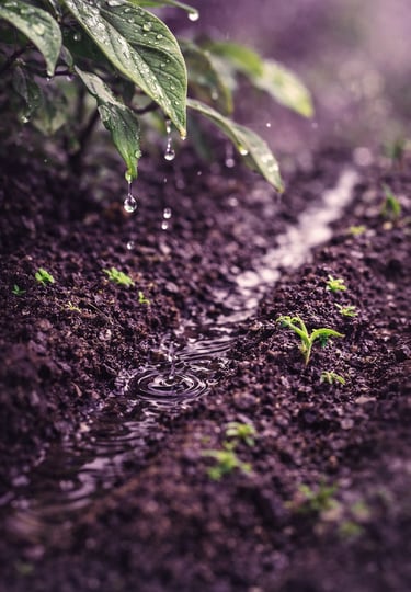Raindrops falling from green leaves into a garden furrow with fresh soil and young sprouts.