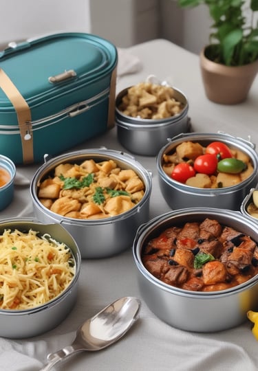 A modern kitchen scene featuring various steel kitchenware items on a countertop