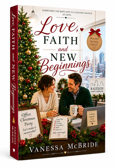 Love, Faith and New Beginnings Christmas romance novel cover featuring a couple planning a party by a tree.