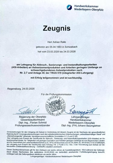Zertifizierter Fachbetrieb nach TRGS 519 Anlage 4C für Tätigkeiten mit asbesthaltigen Stoffen und Produkten