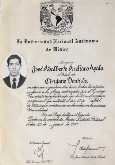 Professional UNAM university diploma for a dental surgeon degree with official seal and black and white portrait.