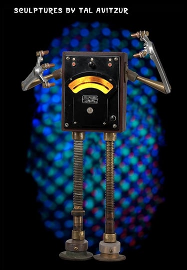 Postcard with image of robot sculpture by artist Tal Avitzur.