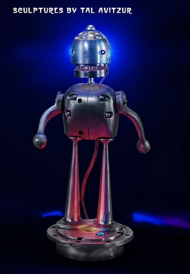 Postcard with image of robot sculpture by artist Tal Avitzur.