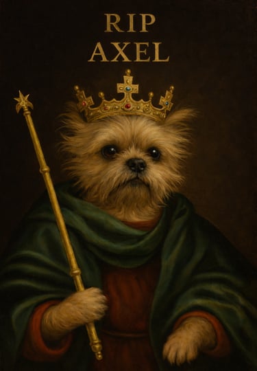 Royal oil painting portrait of a scruffy dog wearing a gold crown and holding a scepter.