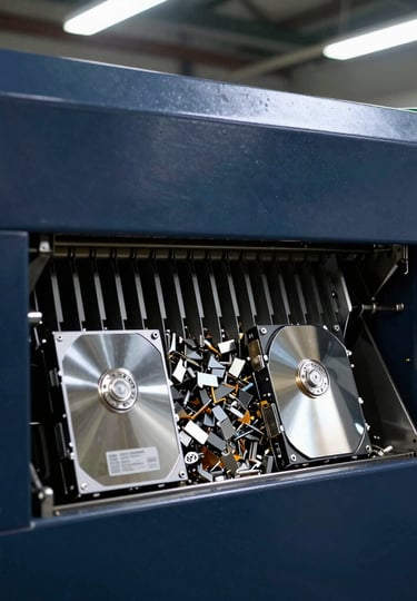 Close-up of a secure industrial shredder processing enterprise hard drives, metal fragments visible, cool crisp lighting, 35mm