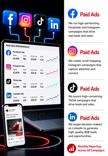 A laptop and smartphone displaying a paid ads performance dashboard for Facebook, Instagram, TikTok, and LinkedIn.