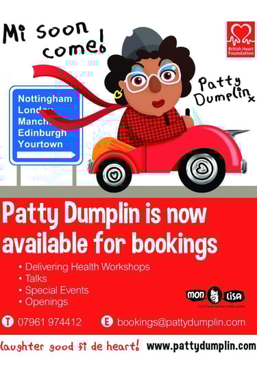 a woman driving a red car with a sign that says patty dumplin's