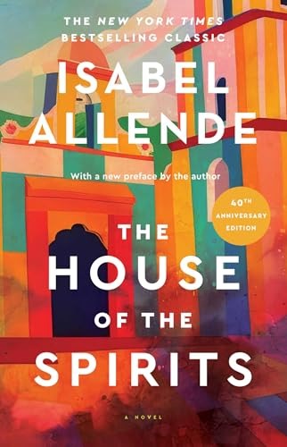 Vibrant cover of “The House of the Spirits” by Isabel Allende, with colorful abstract buildings