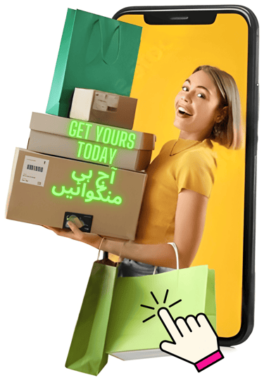 Smiling woman with shopping bags promotes online store for Iranian organic food,global delivery,deal