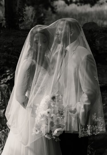bride and groom under a veil