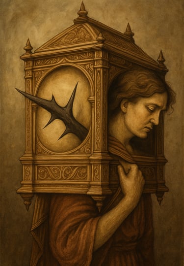 “A woman carrying an ornate wooden box on her back, pierced by a black thorn. The Untethered Soul.