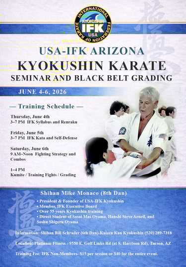 Flyer for USA-IFK Kyokushin Arizona seminar and black belt grading with Shihan Mike Monaco, June 4–6, 2026.