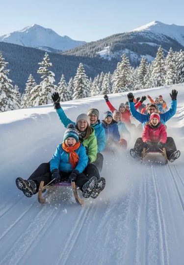A group of people having fun sledding down a snowy hill with mountains and pine trees in the backgro