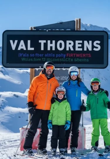 A family of four posing in front of a Val Thorens mountain sign on a sunny day.