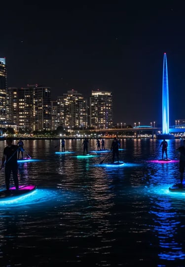 Group of people glowing paddleboarding at night near Orlando with blue LED lights underneath, creati