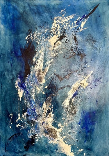 Peinture abstraite de Caroline Blanc artiste peintre tons bleus avec glacis ocres terres en reliefs