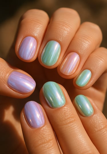 short rounded nails in pastel lavender, mint, and baby peach, all with glazed chrome finish
