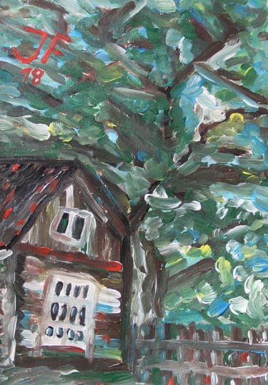 a painting of a village house by the tree