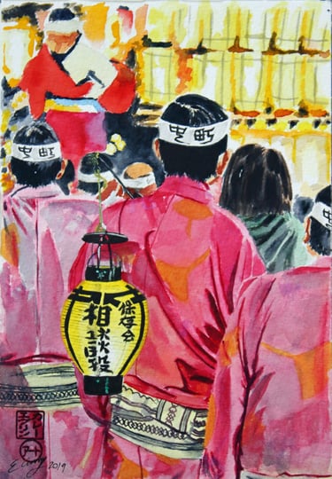 original watercolor painting Japan lantern red yellow