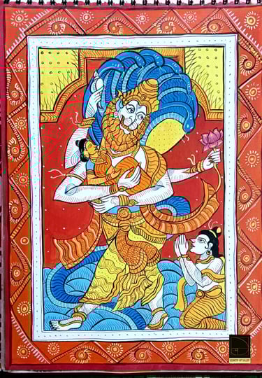 pattachitra art of hindu god narsimha with his devotee prahlad and his consort lakhsmi